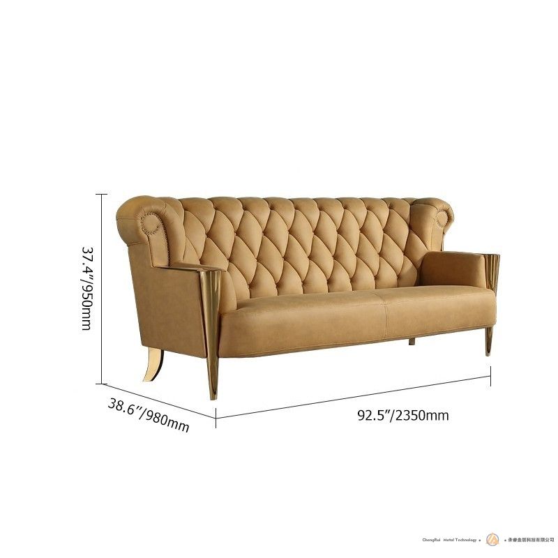 现代黄色软垫切斯特菲尔德沙发高背簇绒沙发3座不锈钢金色