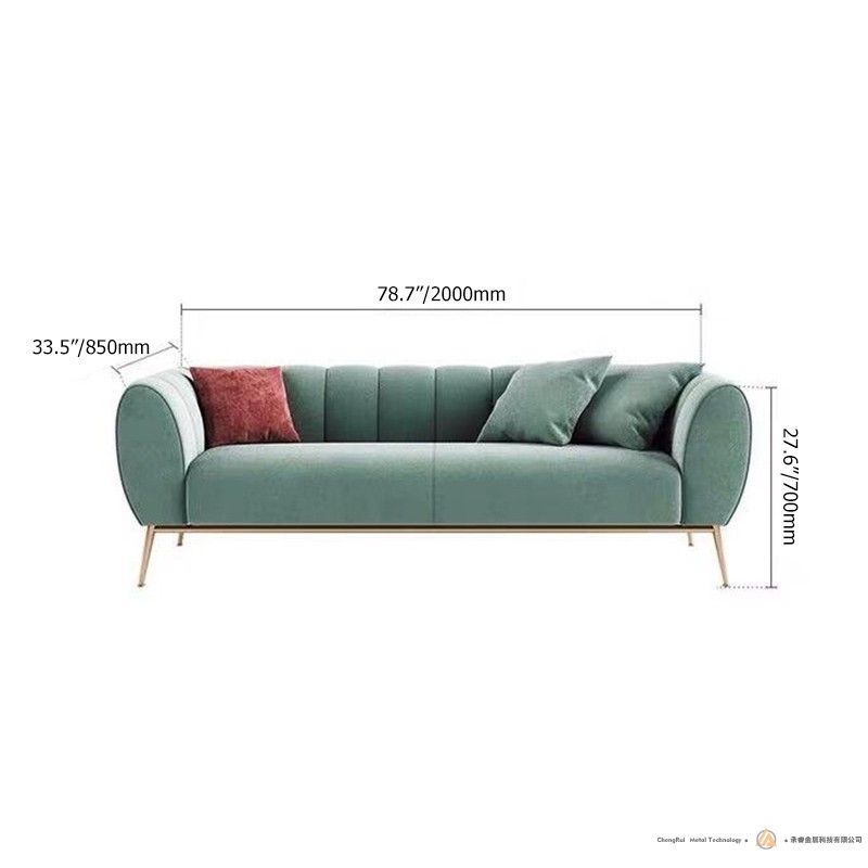 现代绿色天鹅绒软垫沙发3座沙发垂直通道簇绒沙发金色不锈钢底座