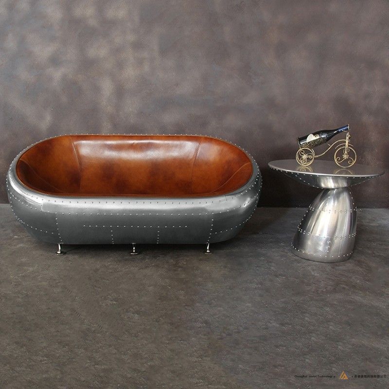 飞行员双人沙发带钉头装饰的工业双人沙发棕色人造皮革飞机铝合金双人座椅