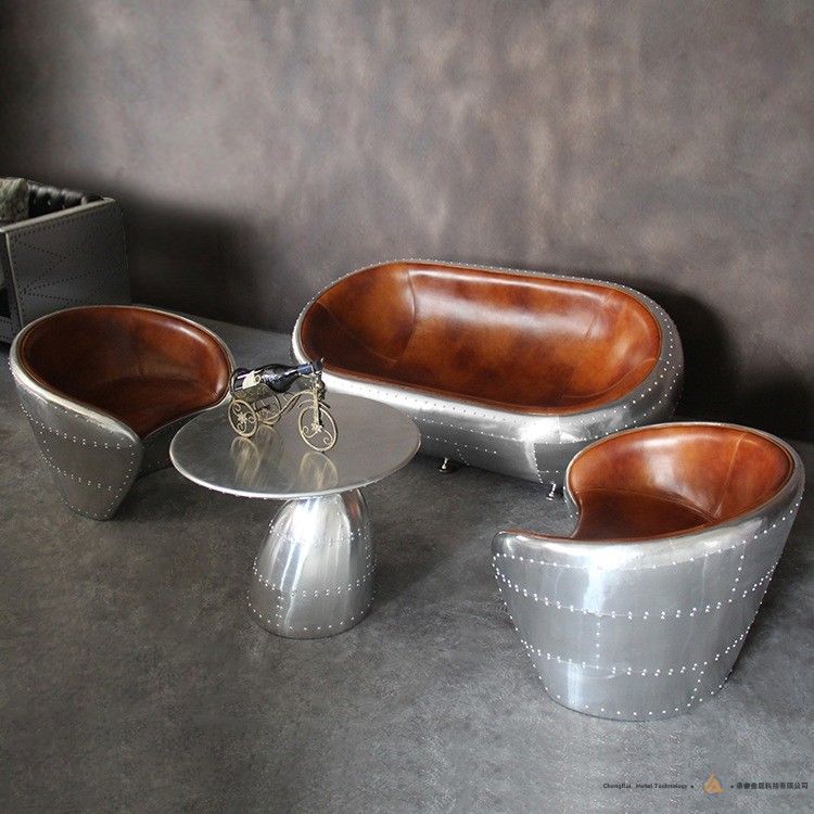 飞行员双人沙发带钉头装饰的工业双人沙发棕色人造皮革飞机铝合金双人座椅