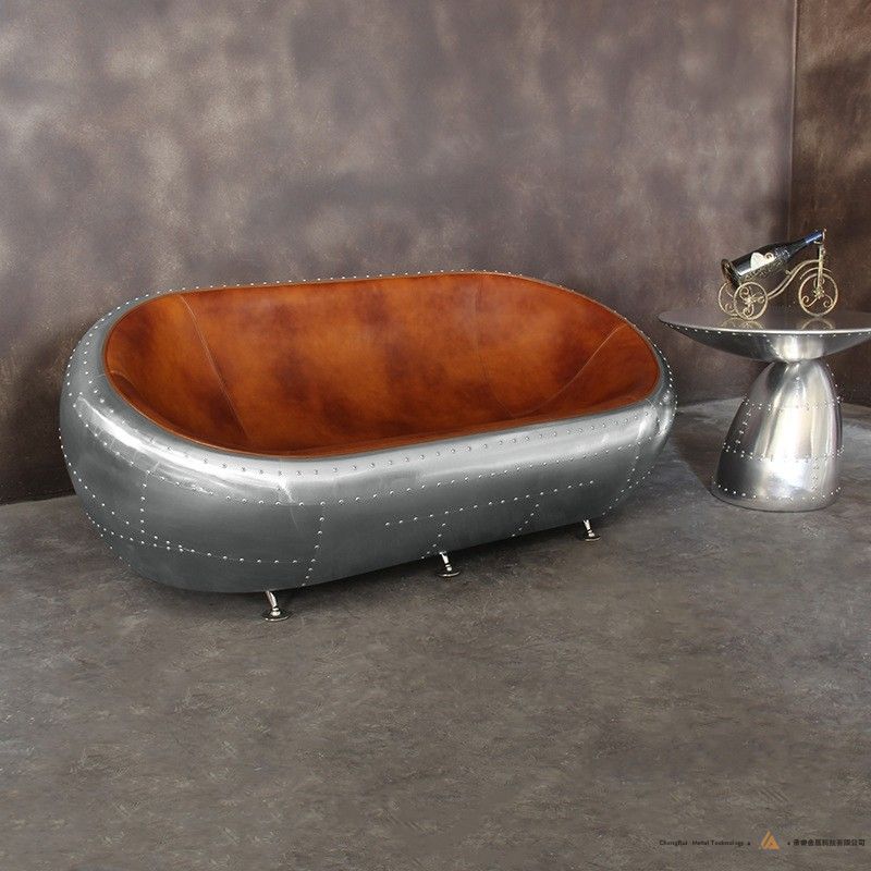 飞行员双人沙发带钉头装饰的工业双人沙发棕色人造皮革飞机铝合金双人座椅