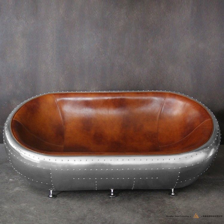 飞行员双人沙发带钉头装饰的工业双人沙发棕色人造皮革飞机铝合金双人座椅