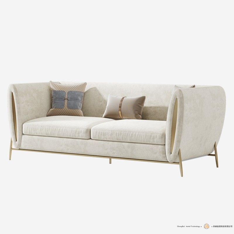 现代米黄色天鹅绒软垫沙发3座沙发豪华沙发实木框金腿沙发