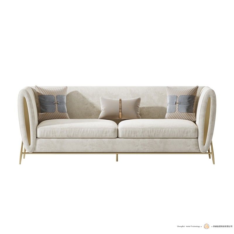 现代米黄色天鹅绒软垫沙发3座沙发豪华沙发实木框金腿沙发