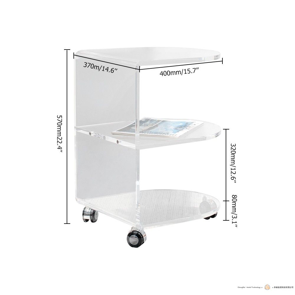 透明亚克力滚动端台，带搁架半圆