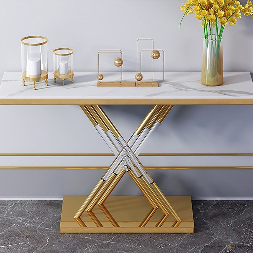 现代玄关桌亚克力玄关桌人造大理石玄关桌长方形桌面，金色底座
