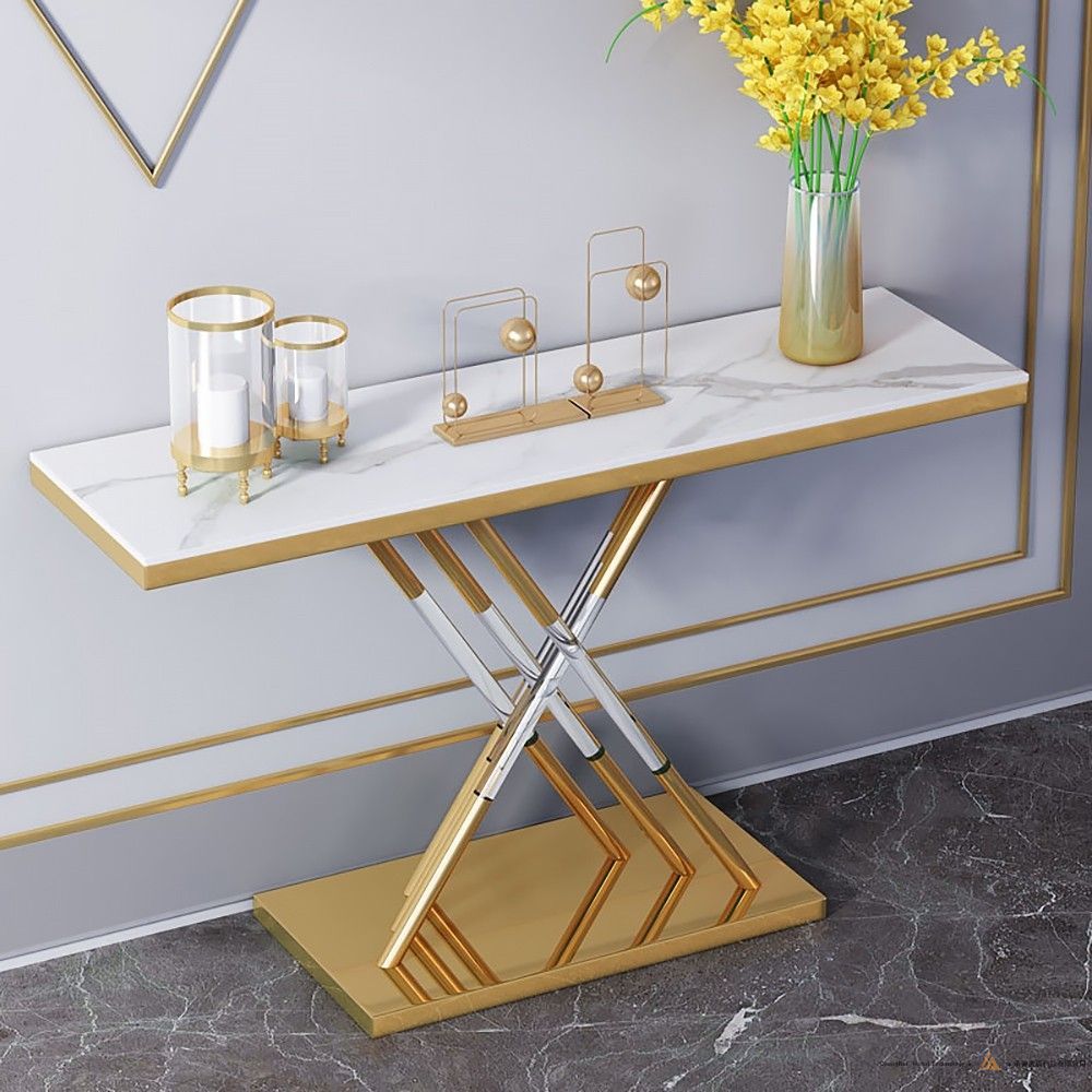 现代玄关桌亚克力玄关桌人造大理石玄关桌长方形桌面，金色底座