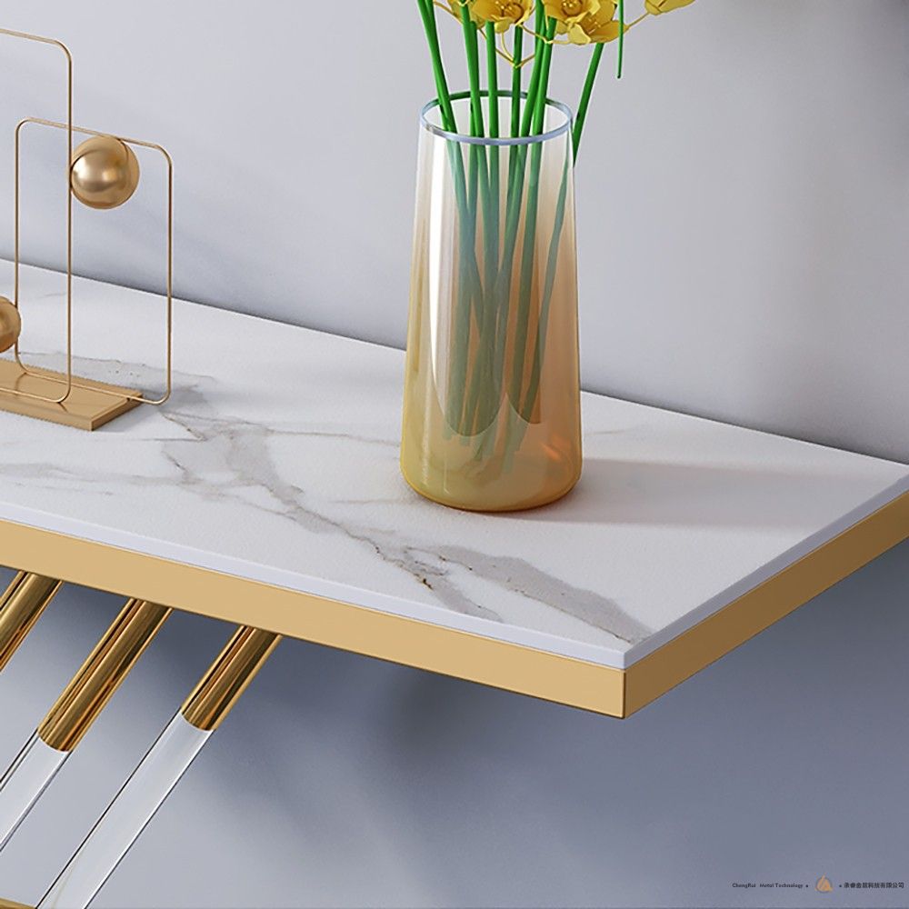 现代玄关桌亚克力玄关桌人造大理石玄关桌长方形桌面，金色底座