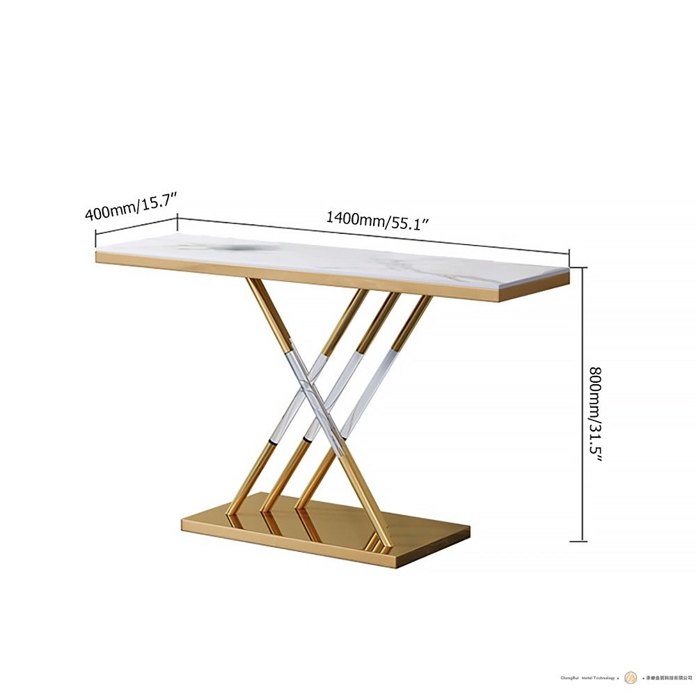 现代玄关桌亚克力玄关桌人造大理石玄关桌长方形桌面，金色底座