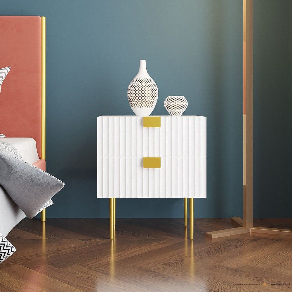 白色现代2屉卧室床头柜床头柜不锈钢底座
