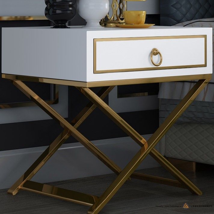 白色床头柜金存储床头柜带抽屉不锈钢X底座