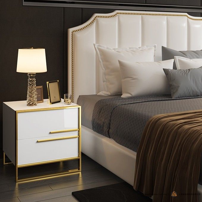 现代2抽屉金色白漆床头柜