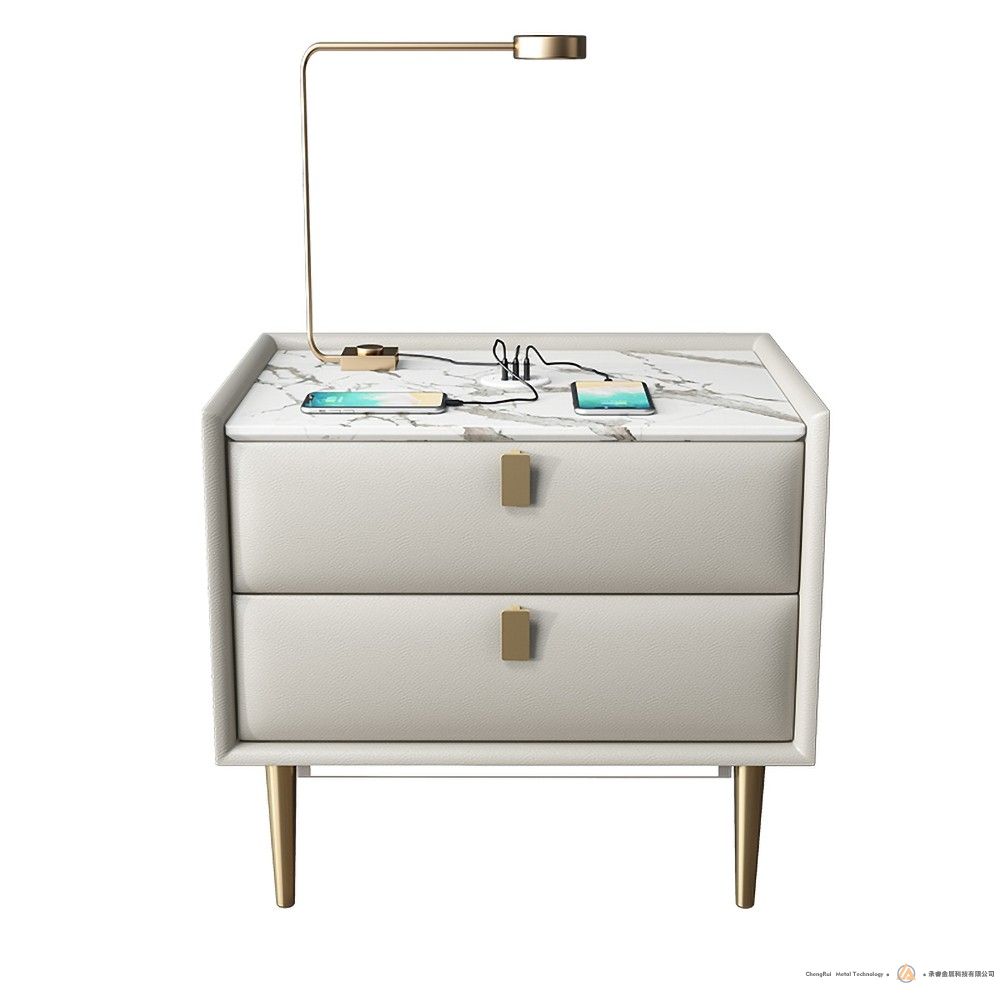 现代床头柜2抽屉床头柜PU皮革床头柜床头柜金色金属腿