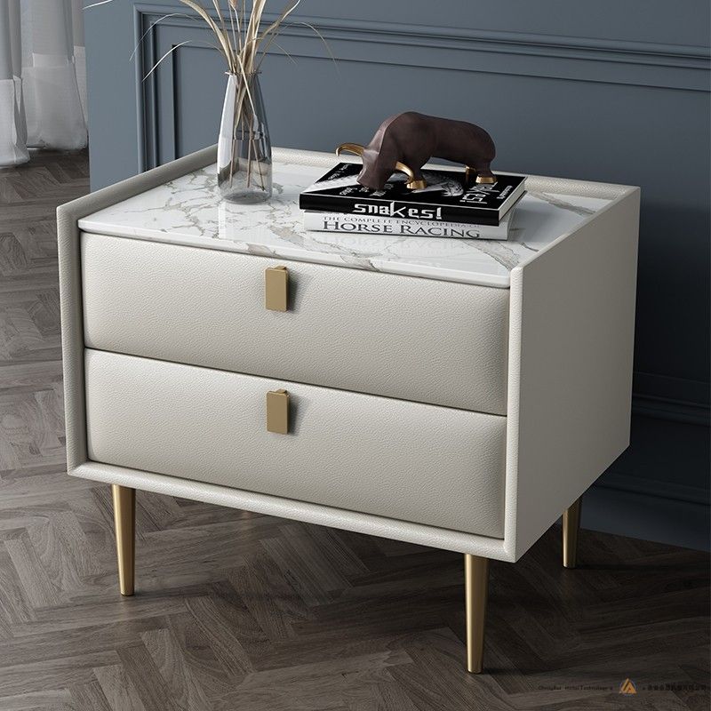 现代床头柜2抽屉床头柜PU皮革床头柜床头柜金色金属腿
