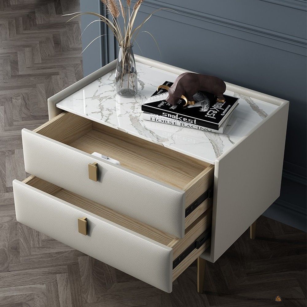 现代床头柜2抽屉床头柜PU皮革床头柜床头柜金色金属腿