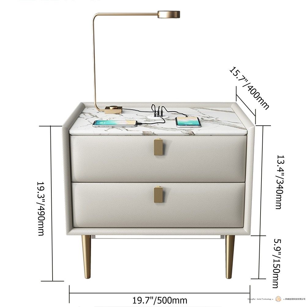 现代床头柜2抽屉床头柜PU皮革床头柜床头柜金色金属腿
