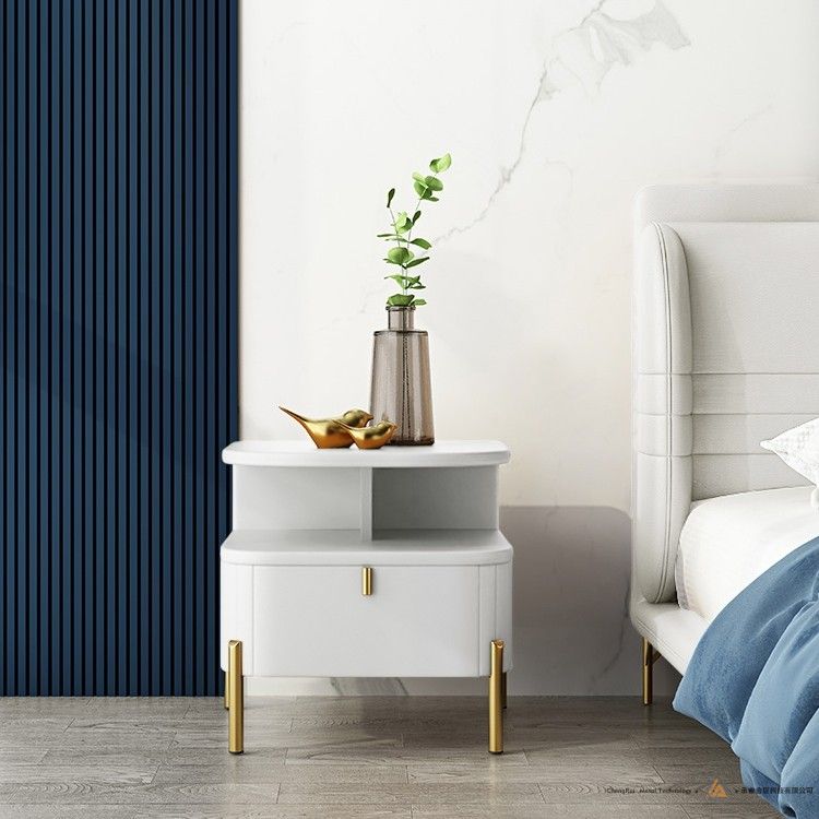 white__1Chic White Faux Leather Nightstand Modern Bedside Table with Storage 1-Drawer 白色床头柜白色仿皮革床头柜带
