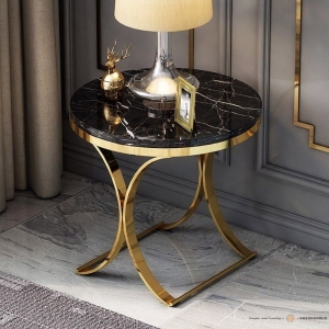 现代奢华圆形黑色仿制大理石边桌，金色X底座茶几