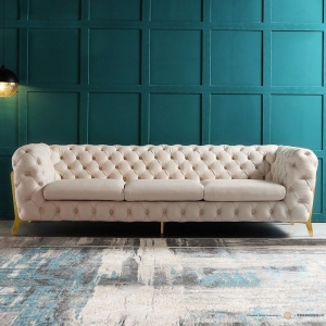 米黄色现代91英寸切斯特菲尔德沙发3座按钮簇绒背部皮革面料