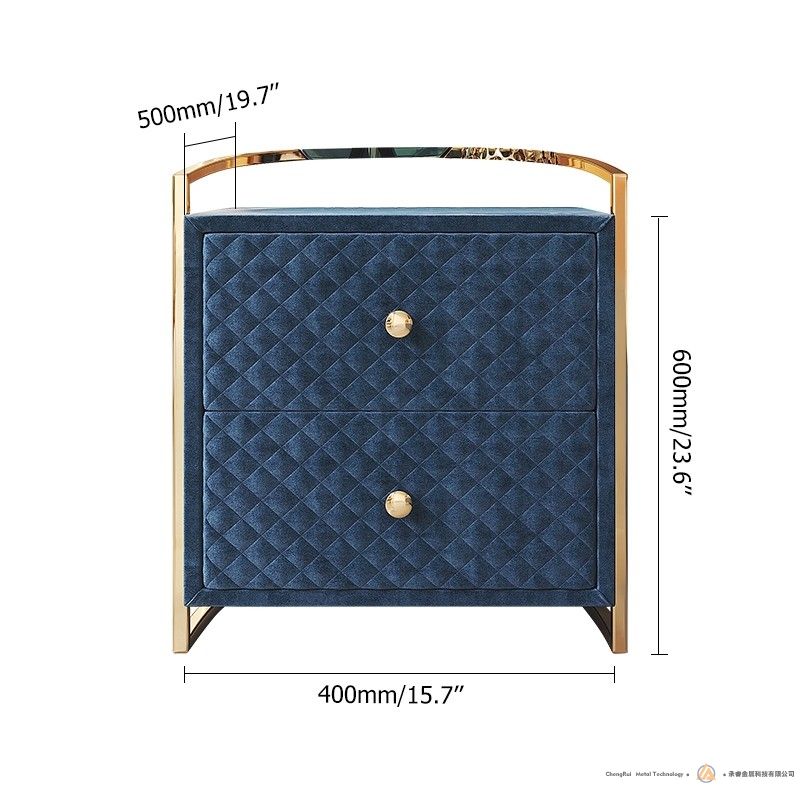 蓝色现代天鹅绒2抽屉床头柜金色卧室床头柜